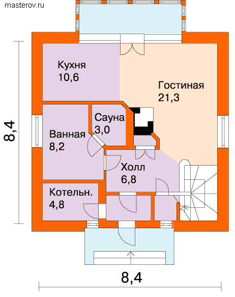 Квадратный дом 8 на 8 № D-117-1P - 1-й этаж