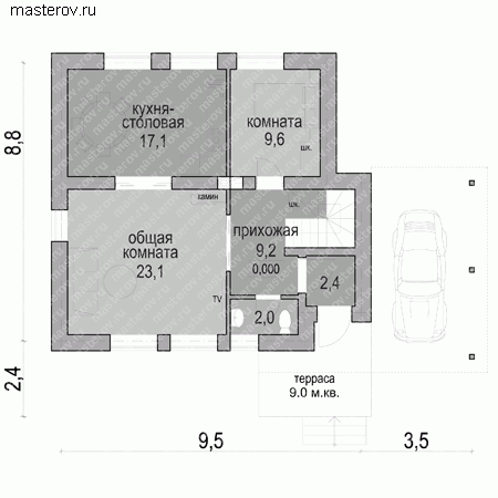 Проект кирпичного дома из теплой керамики № D-130-1K - 1-й этаж