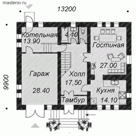 Проект пенобетонного дома № D-155-1P - 1-й этаж
