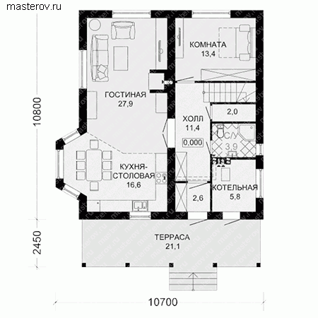 Чертежи двухэтажного дома № D-165-1P - 1-й этаж