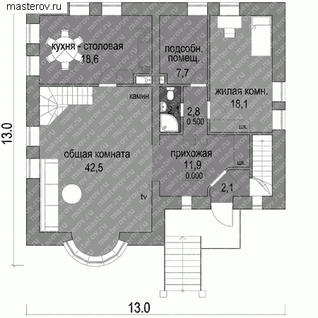 Проект кирпичного дома № D-244-1K - 1-й этаж