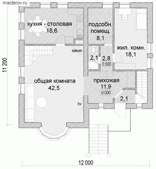 Проект пенобетонного дома № D-244-1P - 1-й этаж
