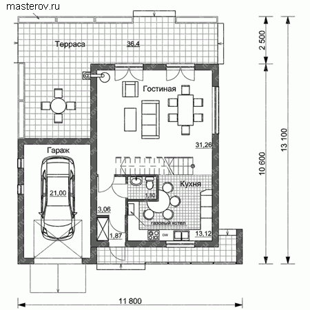 Проект пенобетонного дома № E-120-1P - 1-й этаж