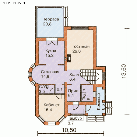Двухэтажный коттедж  № E-205-1P - 1-й этаж