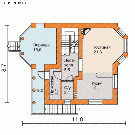 Типовой проект мансардного дома № E-210-1K - 1-й этаж