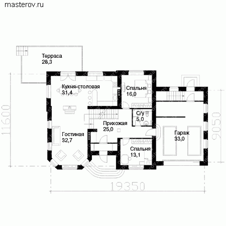 Готовый проект мансардного дома № E-443-1K - 1-й этаж