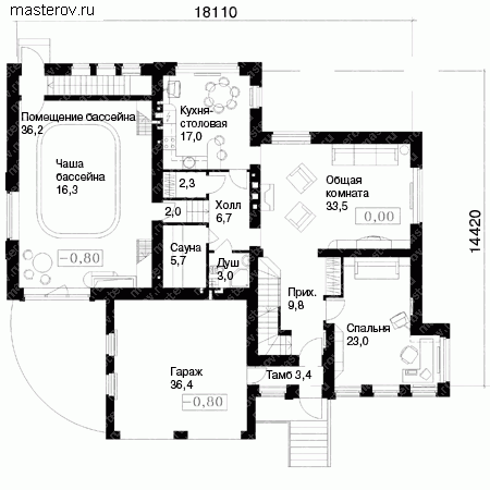 Готовый проект дома с бассейном № E-472-1K - 1-й этаж