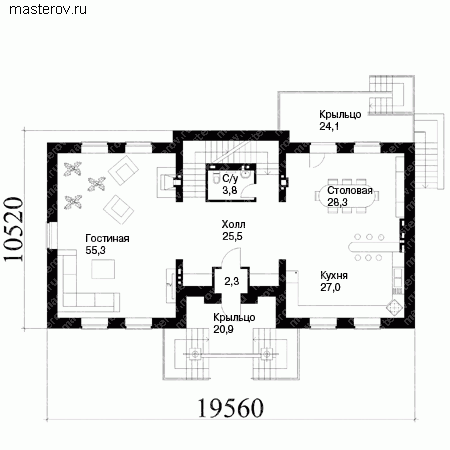 Проект дома 600 кв.м № E-605-1K - 1-й этаж