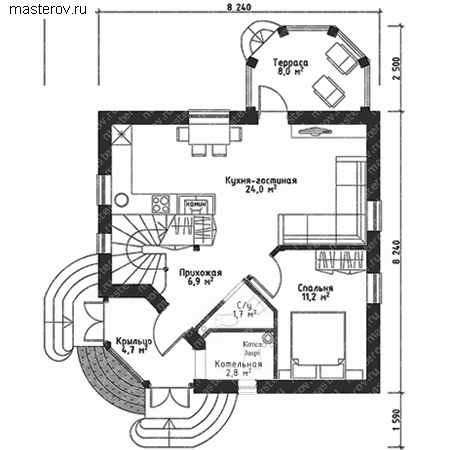 Проект дома 8 на 8 № F-093-1P - 1-й этаж