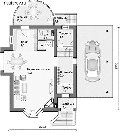 2 этажный дом с гаражом № F-132-1P - 1-й этаж