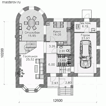 Коттедж два этажа с гаражом № F-149-2P - 1-й этаж
