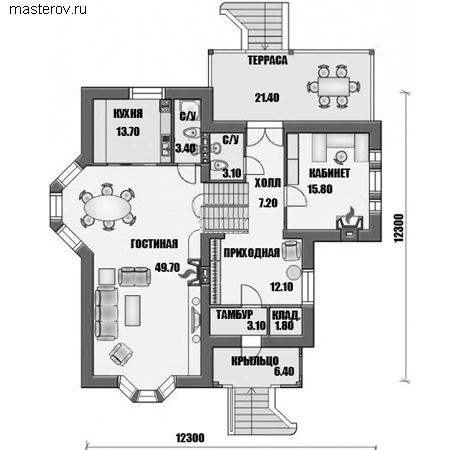 Газобетонный жилой дом № F-257-1P - 1-й этаж