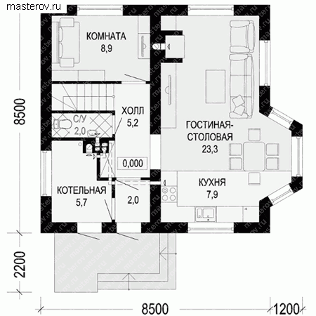 Проект пенобетонного дома № G-100-3P - 1-й этаж
