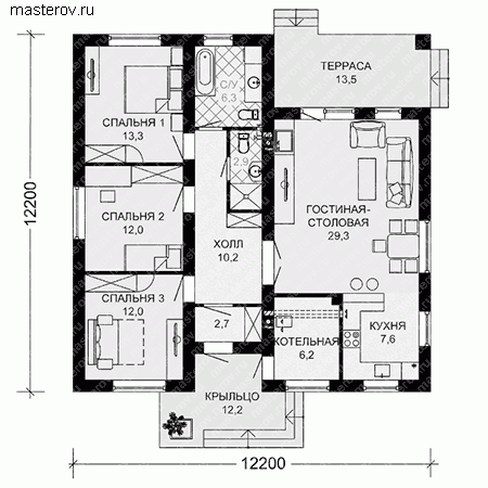 1 этажный дом 12.2 на 12.2 № G-111-2P - 1-й этаж