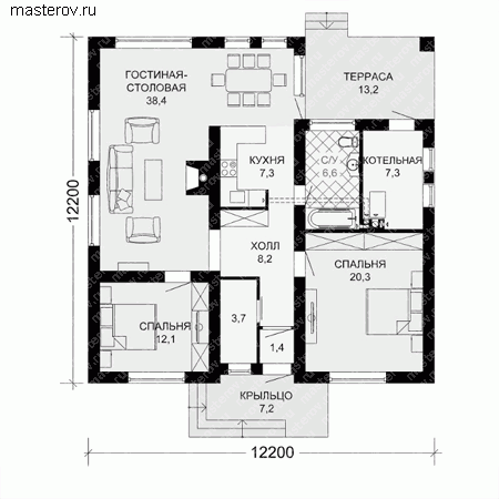 Одноэтажный дом чертежи № G-111-3P - 1-й этаж