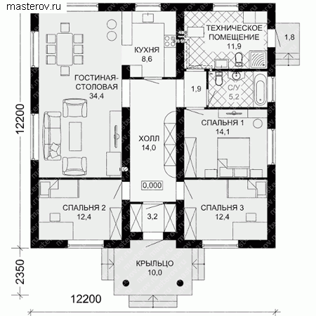 Проект одноэтажного коттеджа № G-121-1P - 1-й этаж