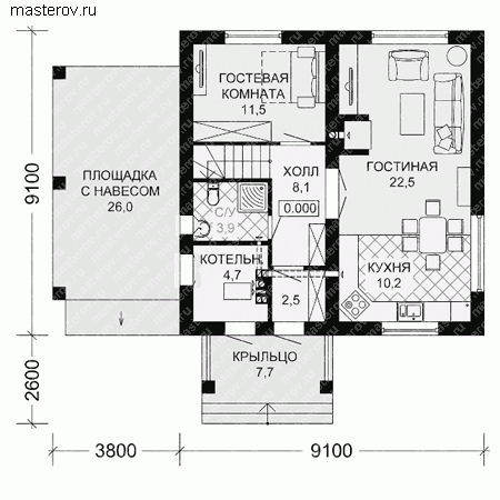 Газобетонный дом 9.1х9.1 № G-134-1P - 1-й этаж