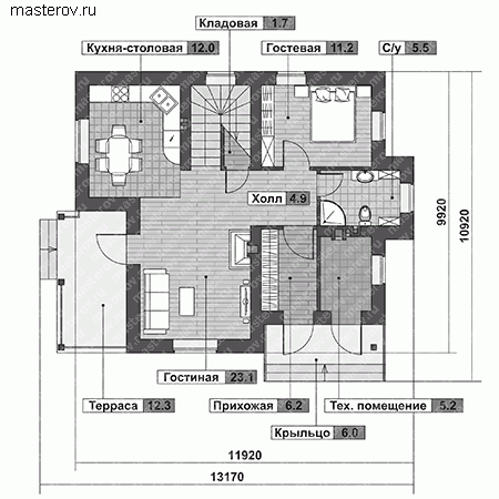 Загородный коттедж из теплой керамики № G-144-1K - 1-й этаж