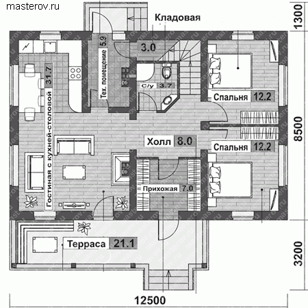 Комбинированный дом из газоблоков и бруса № G-178-1P - 1-й этаж