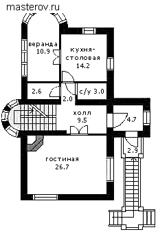 Дом с бассейном на цоколе № G-290-1K - 1-й этаж