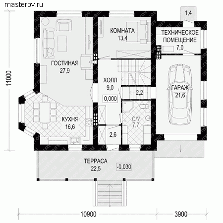 Проект пенобетонного дома № G-302-1P - 1-й этаж