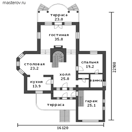 Дом с террасами на 2 этажах № G-397-1K - 1-й этаж