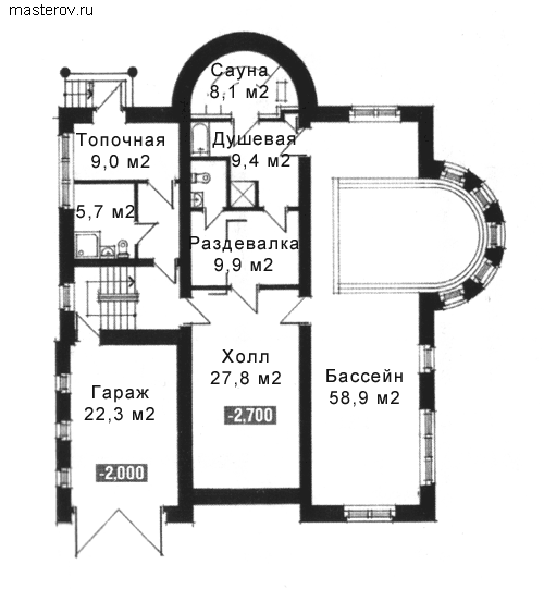 Дом с сауной, бассейном и гаражом № G-404-1K - цоколь