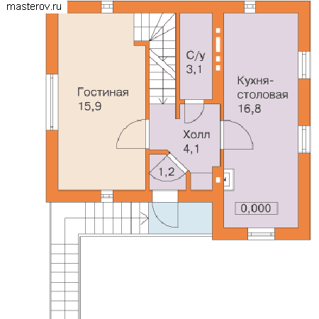 Мансардный коттедж № H-127-1P - 1-й этаж