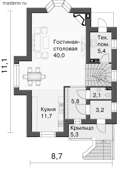 Коттедж 2 этажа № H-137-1P - 1-й этаж
