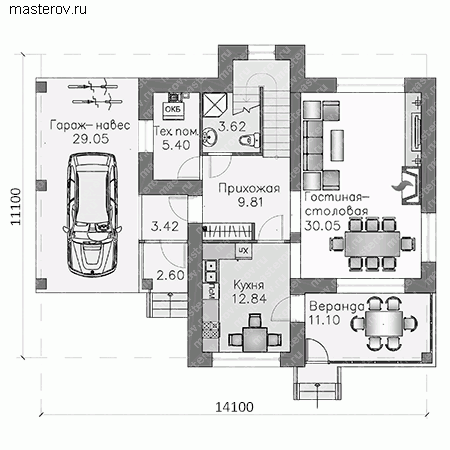 Проект пенобетонного дома № H-143-2P - 1-й этаж