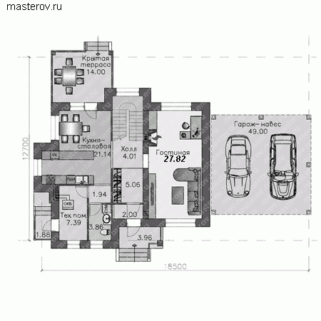 2 этажный коттедж с навесом № H-148-2P - 1-й этаж