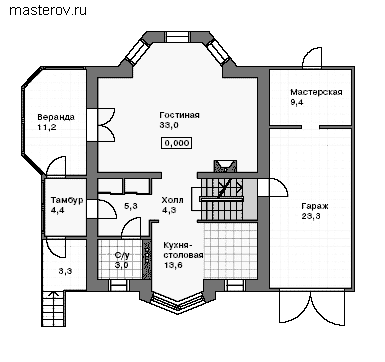 Коттедж с цокольным этажом № H-220-1P - 1-й этаж