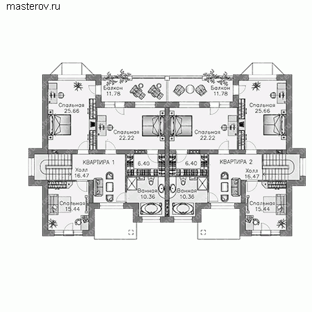 Проект пенобетонного дома на две семьи № H-423-1P - 2-й этаж