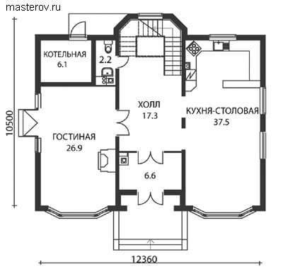 Мансардный дачный дом № J-255-1P - 1-й этаж