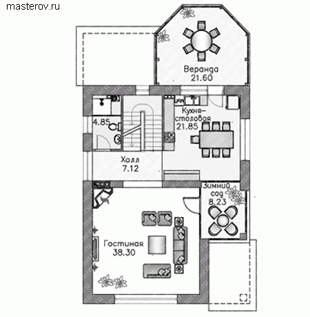 Дом с сауной для узкого участка № J-280-1P - 1-й этаж