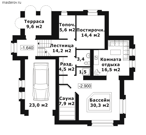 Дачный дом из кирпича № J-323-1K - цоколь