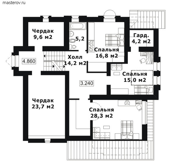 Дачный дом из кирпича № J-323-1K - 2-й этаж