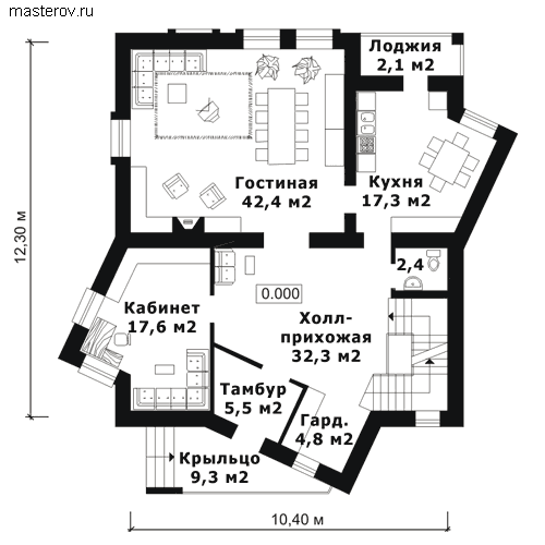 Кирпичный дом с гаражом № J-357-1K - 1-й этаж