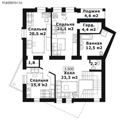 Кирпичный дом с гаражом № J-357-1K - 2-й этаж