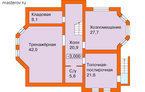 Дом 3 этажа из кирпича № J-369-1K - цоколь