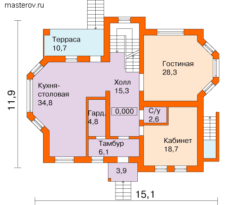 Дом 3 этажа из кирпича № J-369-1K - 1-й этаж