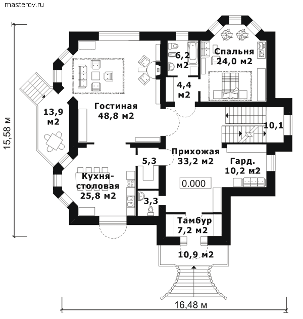Дом с сауной на цоколе № J-553-1K - 1-й этаж