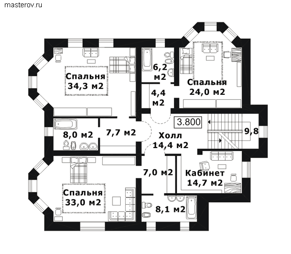 Дом с сауной на цоколе № J-553-1K - 2-й этаж