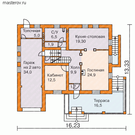 Архитектурно-строительные чертежи: дом с цоколем № K-303-1P - 1-й этаж