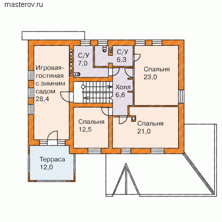 Архитектурно-строительные чертежи: дом с цоколем № K-303-1P - 2-й этаж