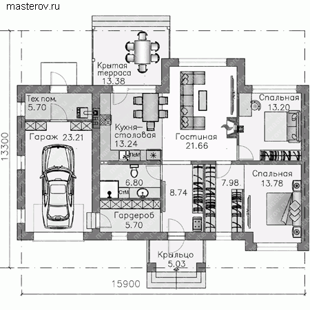 Проект пенобетонного дома № L-129-1P - 1-й этаж