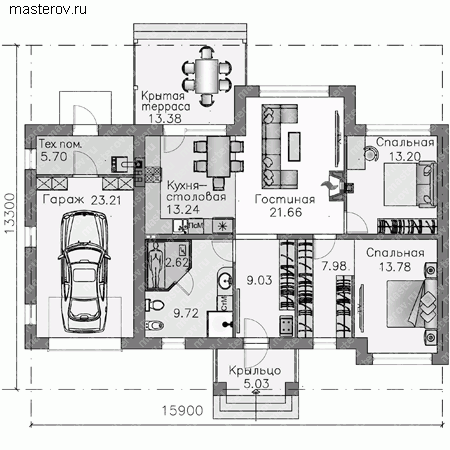 Проект пенобетонного дома № L-129-1P - 1-й этаж (вариант 2)