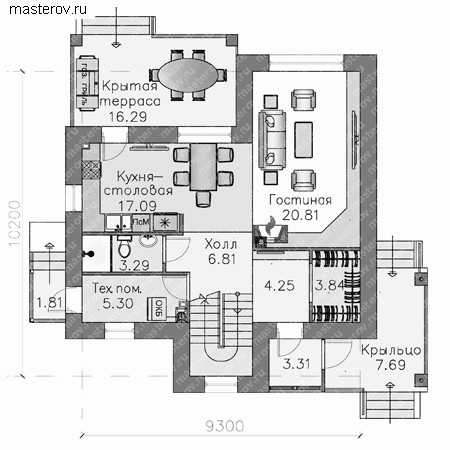 Проект пенобетонного дома № L-155-1P - 1-й этаж