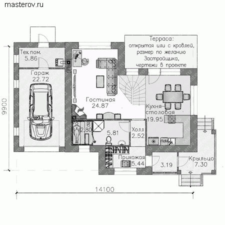 Проект пенобетонного дома № L-156-1P - 1-й этаж