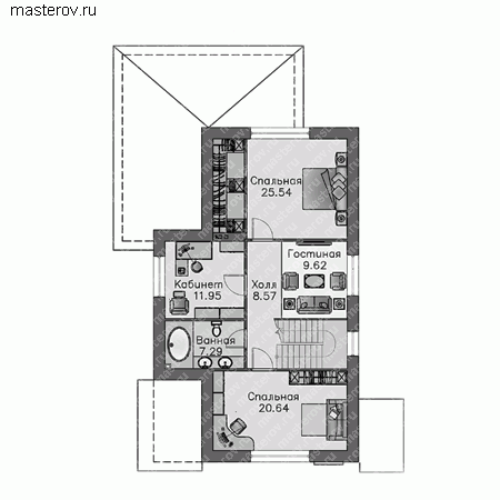 Проект пенобетонного узкого дома № L-179-1P - мансарда